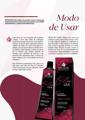 Infográfico com o modo de usar da Coloração Permanente Dyusar Color Live, explicando a mistura, tempo de pausa e prova do toque para tons como o 9.1 Louro Muito Claro Acinzentado.