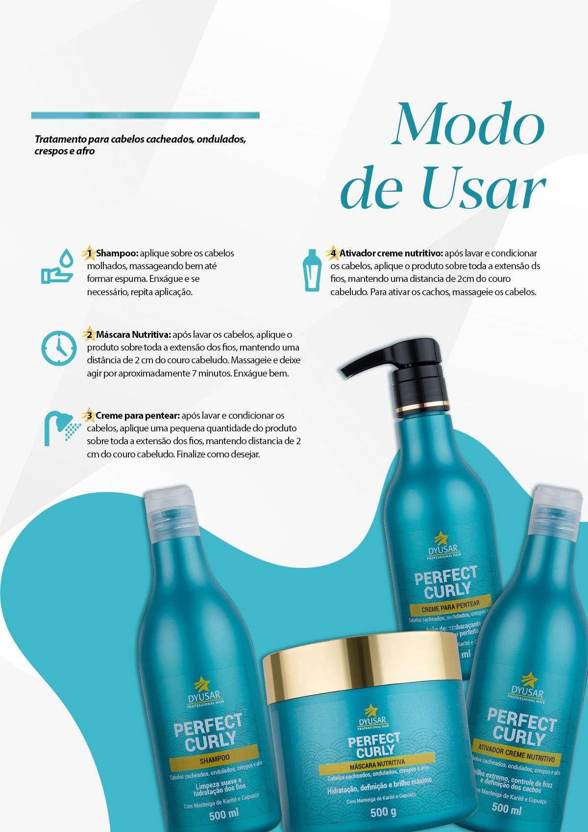 Infográfico com o modo de usar da linha Perfect Curly, detalhando os 4 passos do tratamento: shampoo, máscara, creme para pentear e o Ativador de Cachos.

