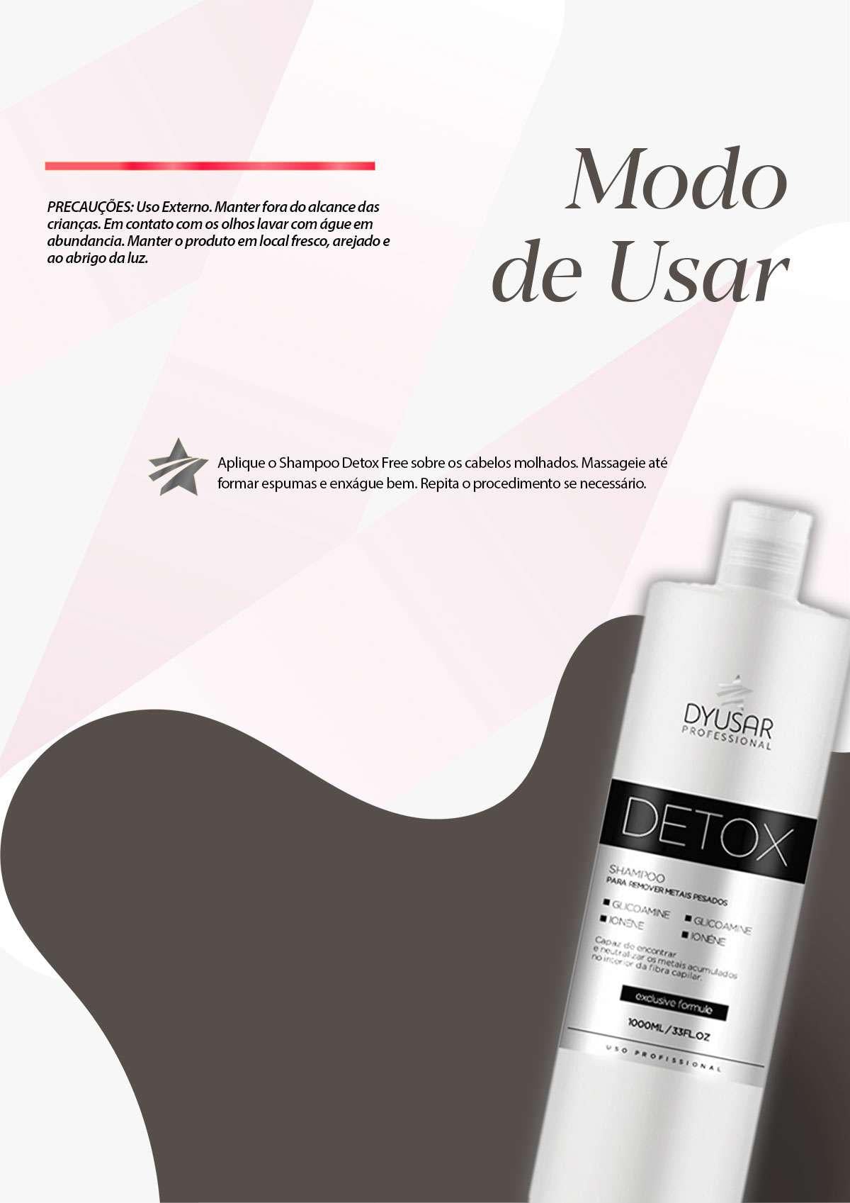 Infográfico mostrando o modo de usar do Shampoo Detox Free de 1000ml, com instruções de aplicação e precauções de uso.