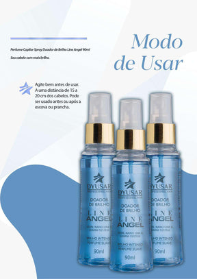 Infográfico mostrando o modo de usar do Spray de Brilho e Perfume Capilar Line Angel, com instrução de aplicação a distância.