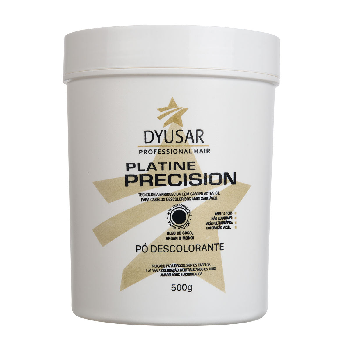 Pote de 500g do Pó Descolorante Azul Platine Precision da Dyusar, que abre até 10 tons e tem ação neutralizadora