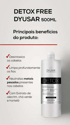Infográfico vertical com os benefícios do Shampoo Detox da Dyusar, incluindo desintoxicação, limpeza profunda, neutralização de metais pesados e seus extratos naturais.