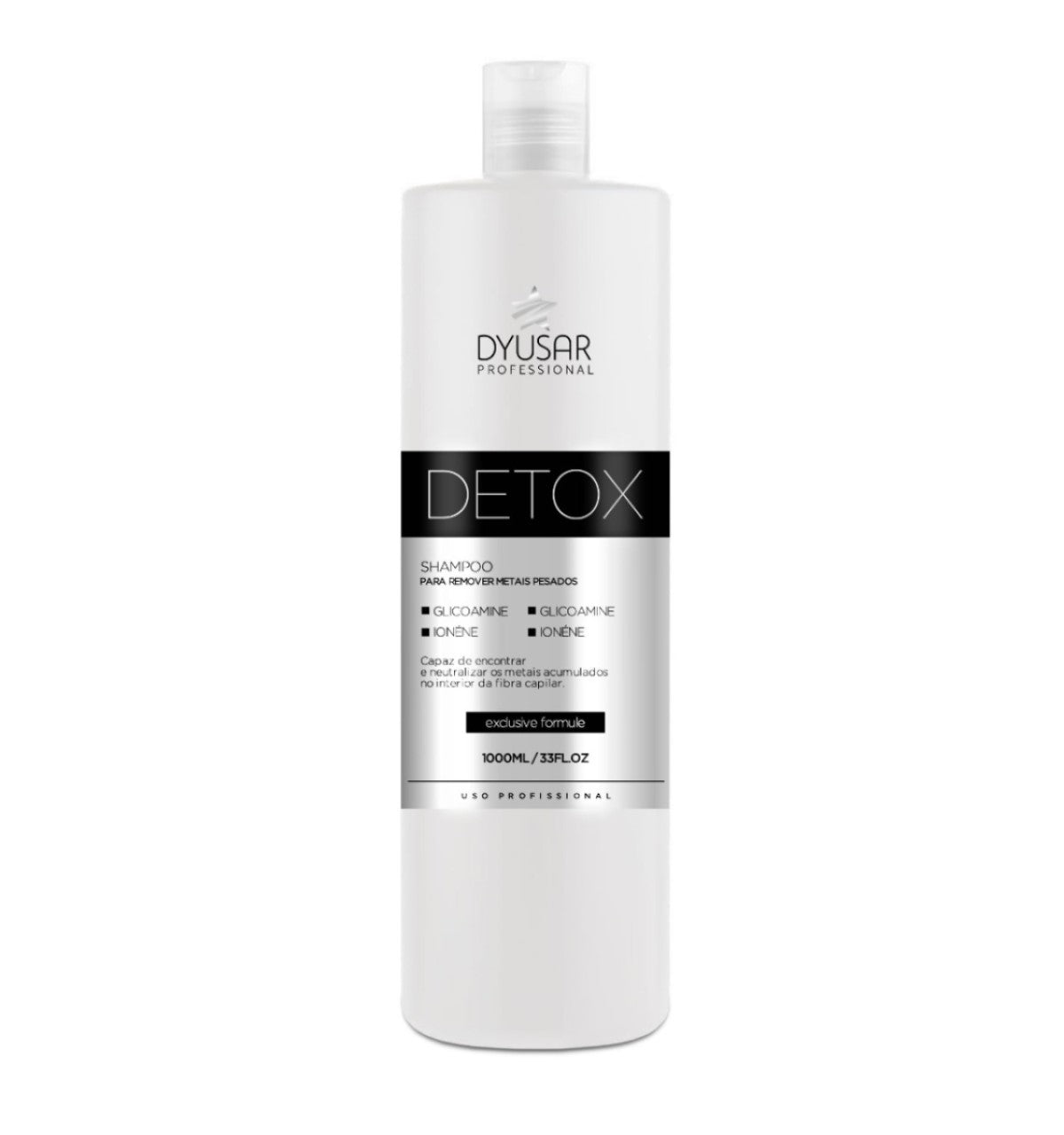 Frasco de 1000ml (1 litro) do Shampoo Desintoxicante Detox da Dyusar, com rótulo profissional que destaca sua função de remover metais pesados.