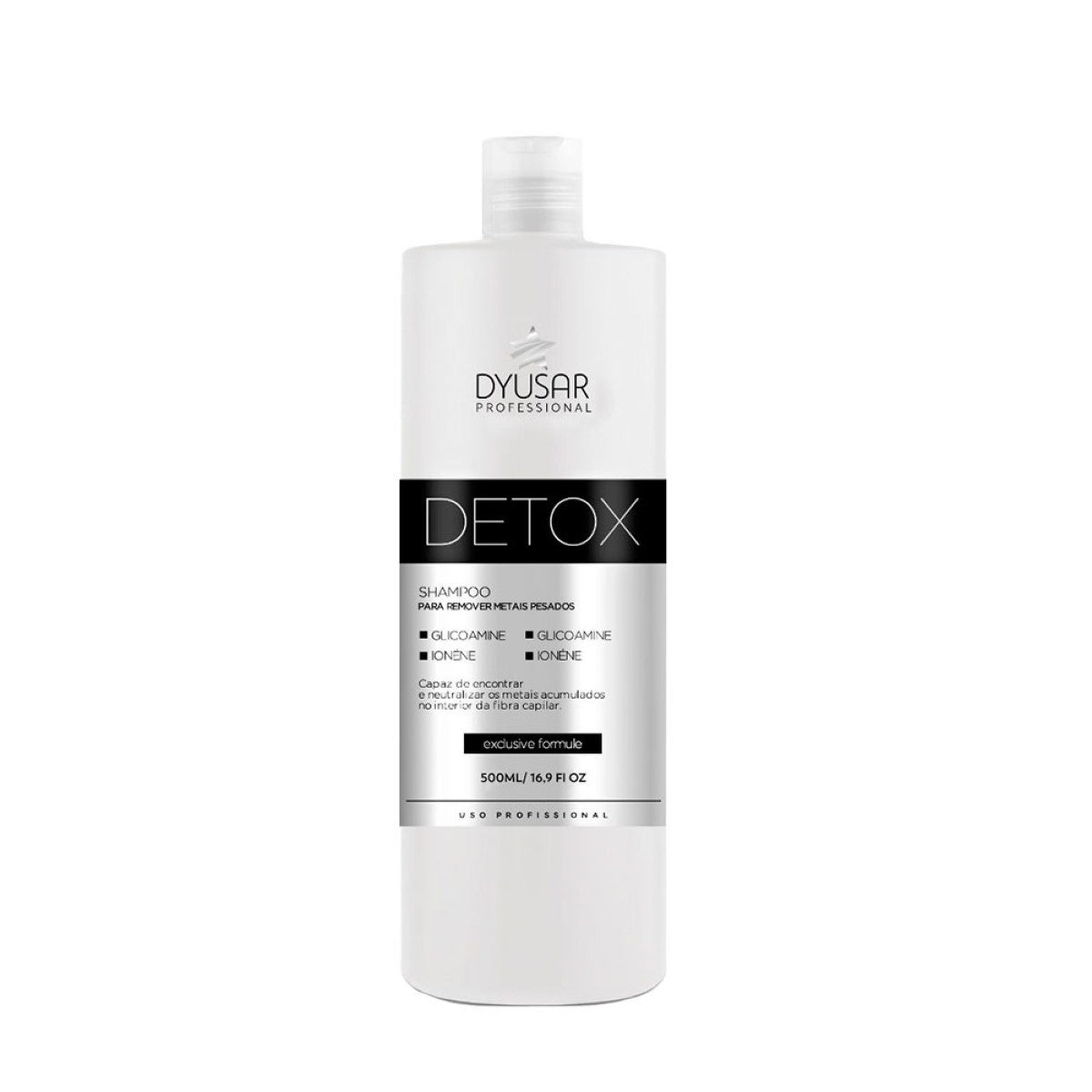 Frasco de 500ml do Shampoo Detox profissional da Dyusar, com rótulo preto e branco destacando sua função de remover metais pesados e os ingredientes Glicoamine e Ionene.