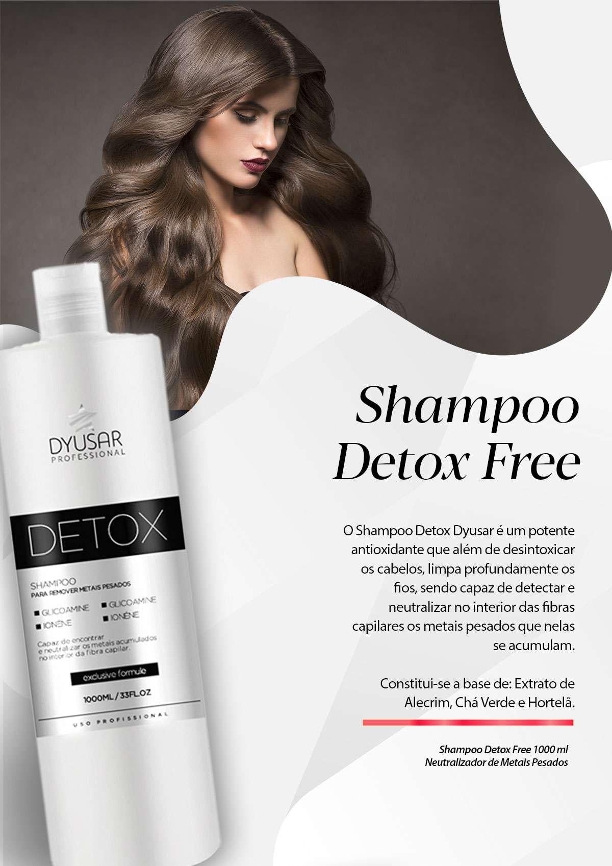 Banner do Shampoo Detox Free da Dyusar, com uma modelo de cabelo castanho volumoso e o frasco de 1000ml do produto, destacando sua ação antioxidante.