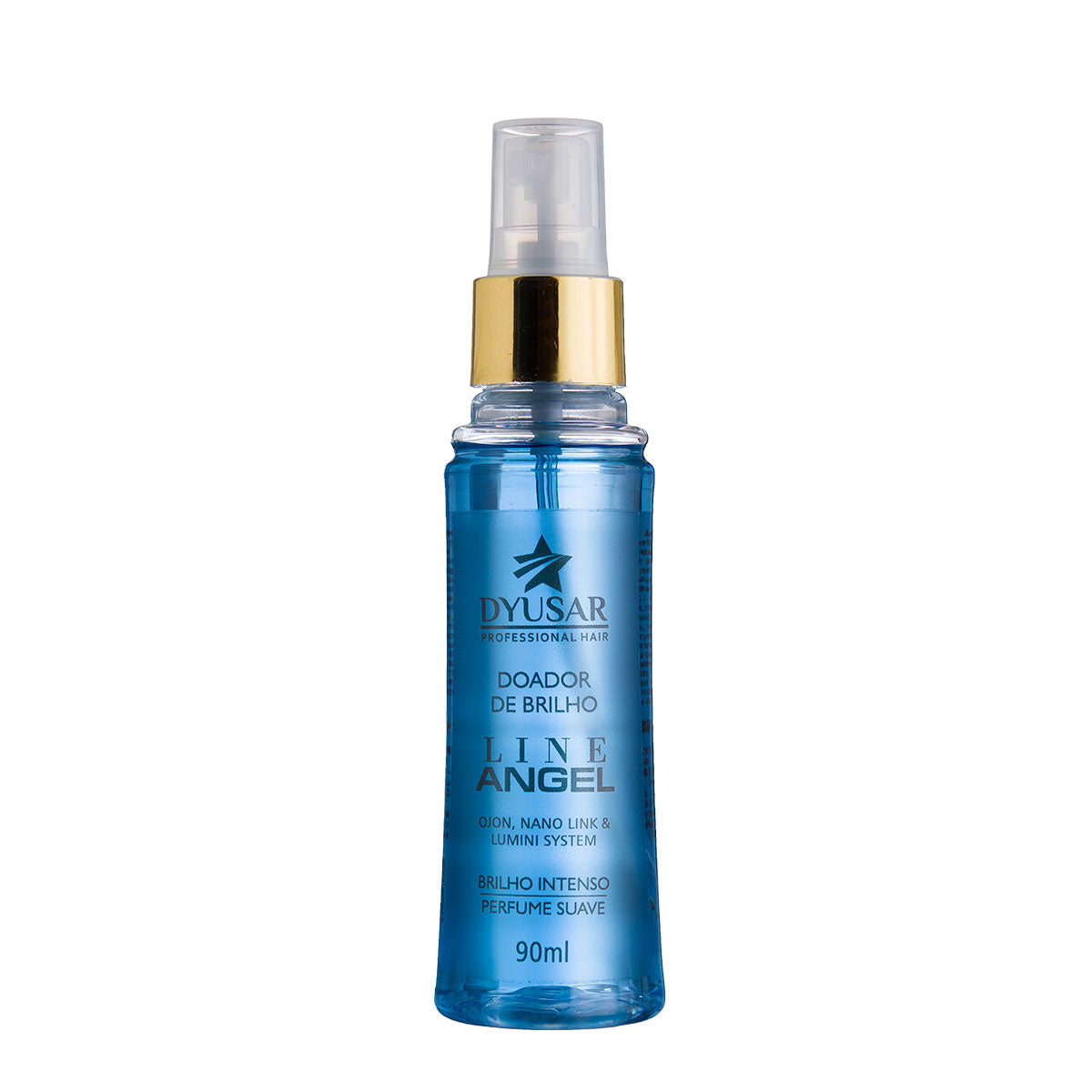 Frasco azul de 90ml do Spray de Brilho e Perfume Capilar da linha Line Angel Dyusar, também conhecido como Doador de Brilho.