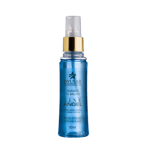 Frasco azul de 90ml do Spray de Brilho e Perfume Capilar da linha Line Angel Dyusar, também conhecido como Doador de Brilho.