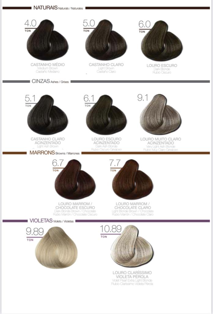 Tabela de cores da Coloração Dyusar mostrando diversas nuances, incluindo a Coloração Louro Marrom / Chocolate Claro 7.7 na seção de marrons.