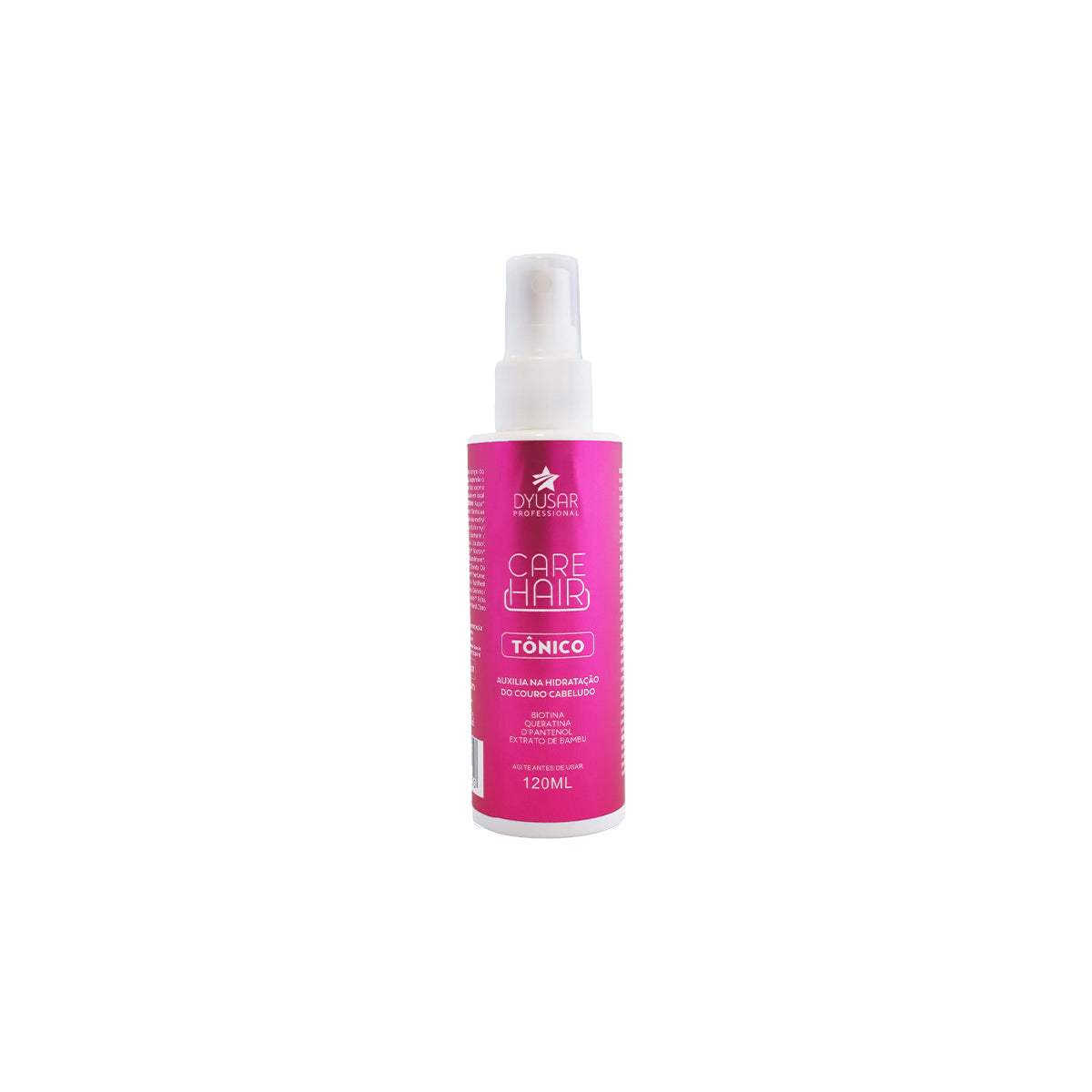 Frasco de 120ml do Tônico Anti Queda da linha Care Hair Dyusar, com rótulo rosa que destaca seus ingredientes: Biotina, Queratina, D-Pantenol e Extrato de Bambu.