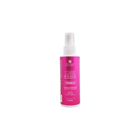 Frasco de 120ml do Tônico Anti Queda da linha Care Hair Dyusar, com rótulo rosa que destaca seus ingredientes: Biotina, Queratina, D-Pantenol e Extrato de Bambu.