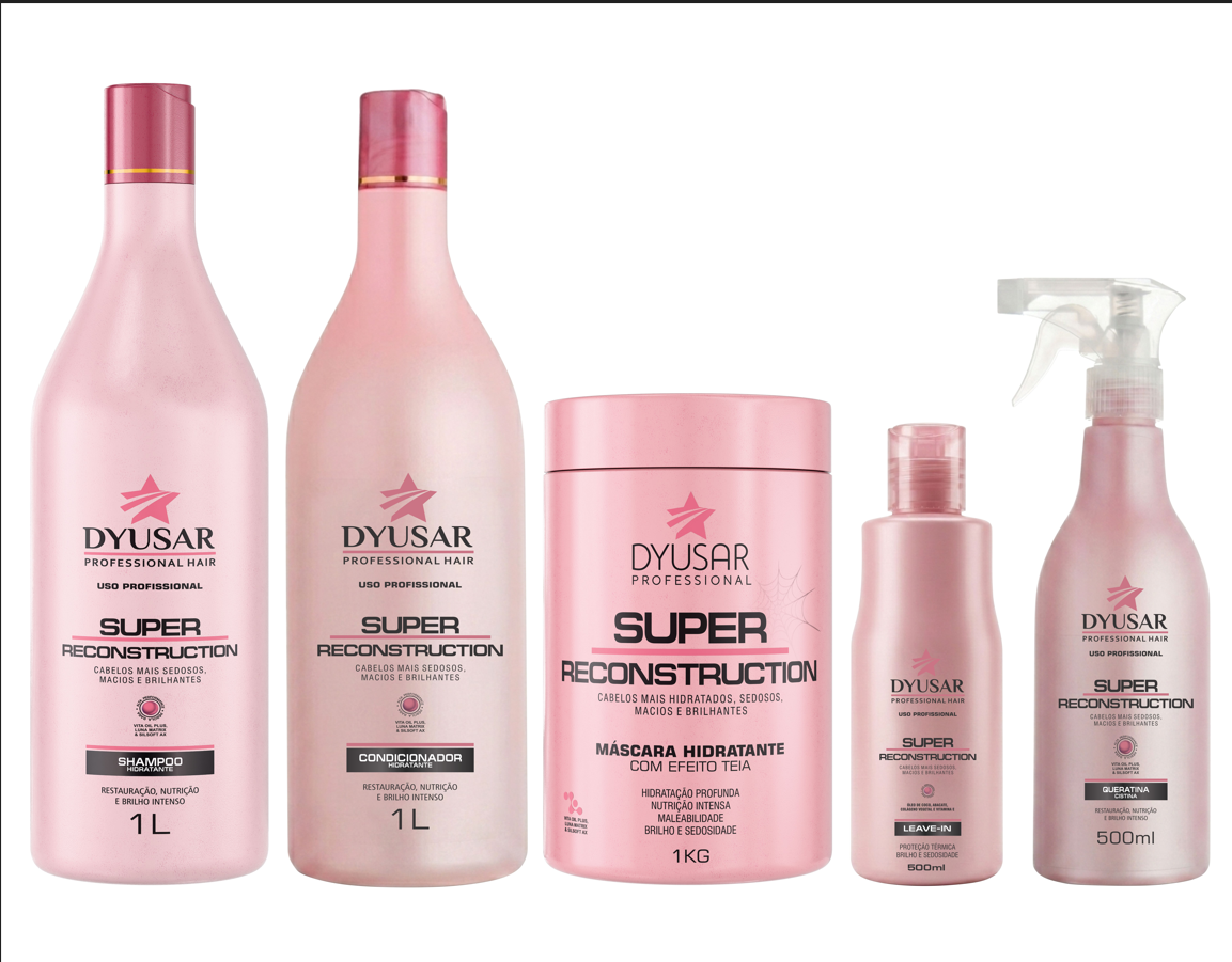 KIT Super Reconstrução DYUSAR Shampoo Máscara Condicionador  Leave-in  e Queratina - Dyusar