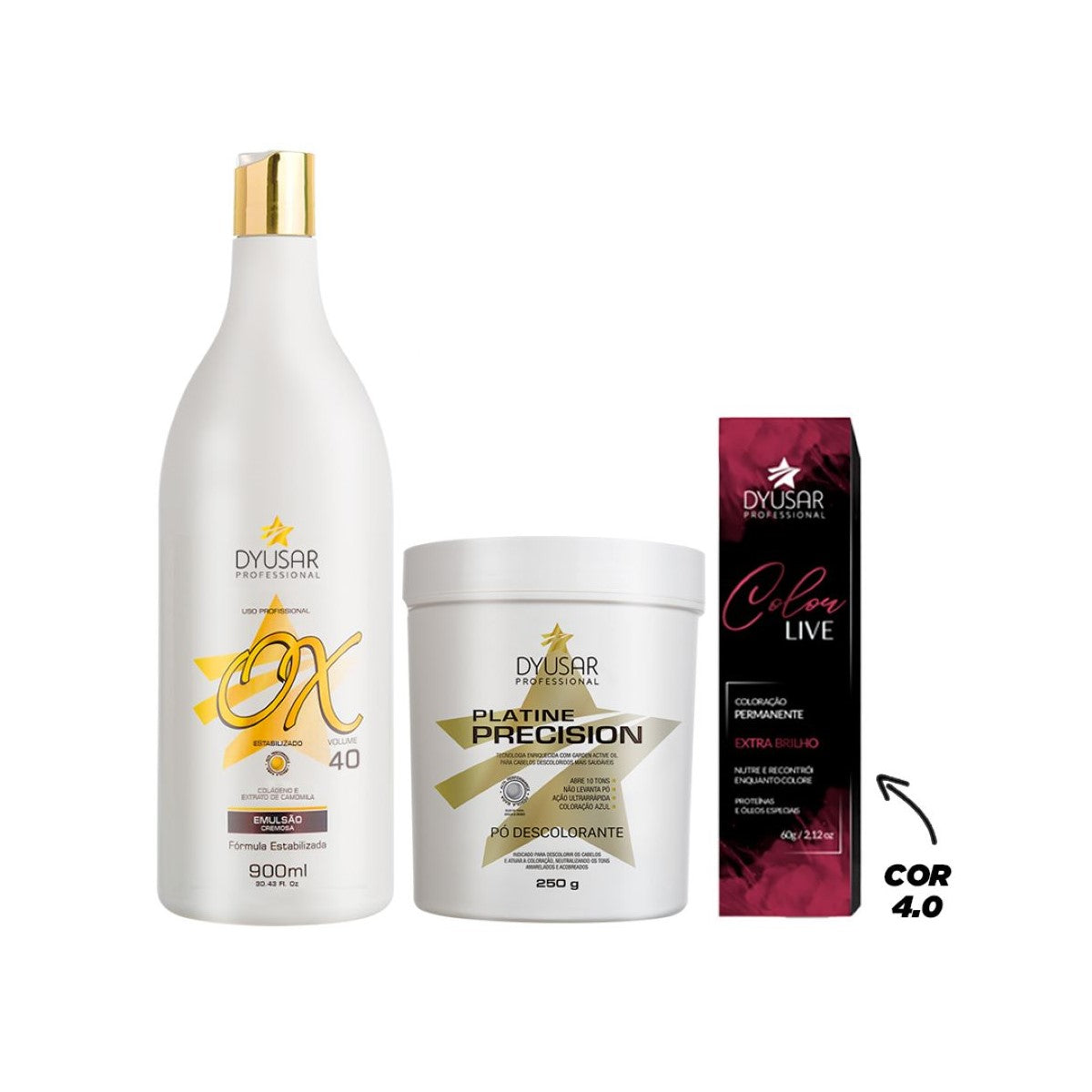 Kit Pó Descolorante de 250 g + Ox de 40 vol + Coloração 4.0