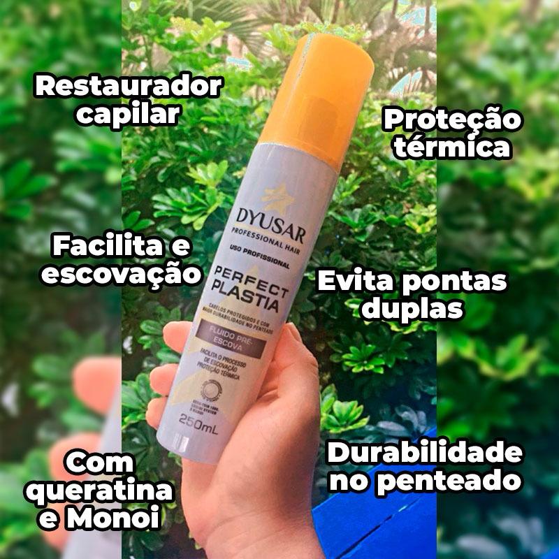 Infográfico com os principais benefícios do Protetor Térmico da Dyusar: restauração, proteção térmica, facilita a escovação, evita pontas duplas, durabilidade e sua fórmula com queratina e monoi.