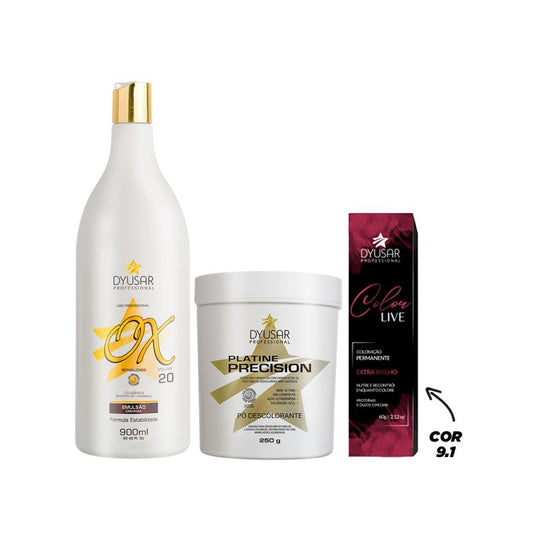 Kit Pó Descolorante de 250 g + Ox de 20 vol + Coloração 9.1