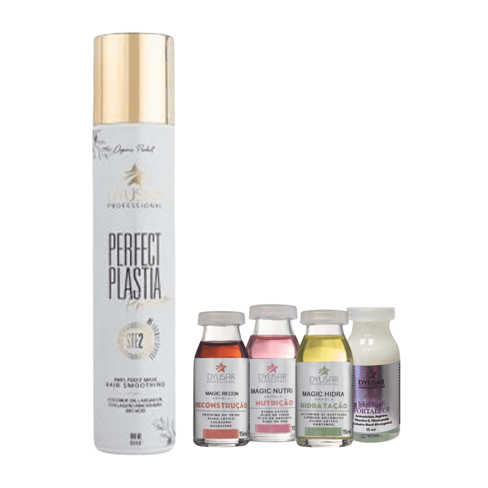 Máscara Reestruturadora Orgânica Perfect Plastia Premium 1 L e Cronograma Capilar 4 Ampolas Dyusar Cosméticos